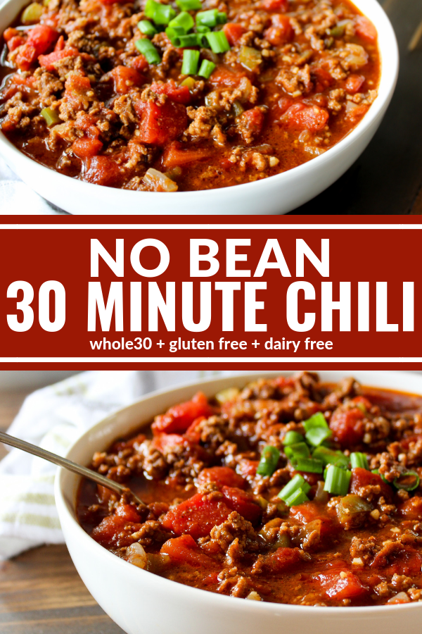 This No Bean 30 Minute Chili is hearty comfort food at it's best! Thick, hearty, and a family favorite. Plus it's Whole30 compliant, dairy free, and gluten free!