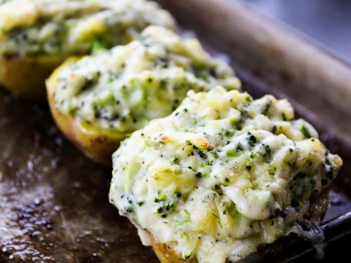 Broccoli Ranch Twice Baked Potatoes by The Whole Cook horizontal out of the oven
