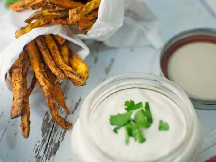 Chili Spiced Sweet Potato Fries with Garlic Lime Sauce by Little Figgy Food