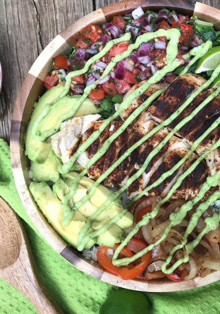 Grilled Chicken Cauli Rice Burrito Bowl by The Whole Cook VERTICAL FEATURE