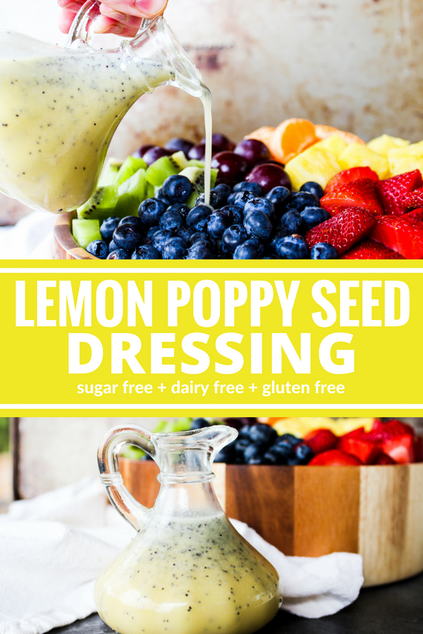 This Lemon Poppy Seed Dressing is sweet & tart. Perfect over salad or fruit! Plus it's sugar free and dairy free!