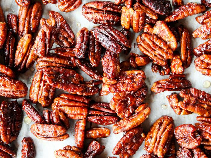 Sticky Candied Pecans by The Whole Cook horizontal up close tray