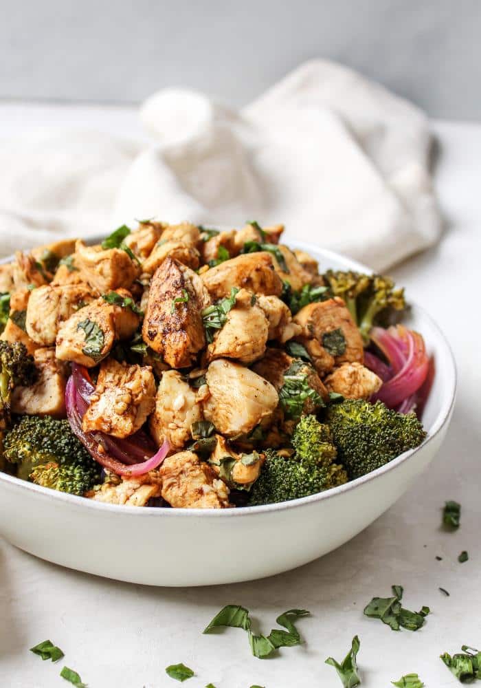 Sheet Pan Balsamic Basil Chicken Cauliflower Rice Bowl