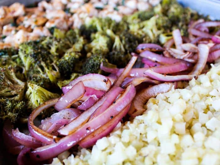 Sheet Pan Balsamic Basil Chicken Cauliflower Rice Bowl by The Whole Cook horizontal