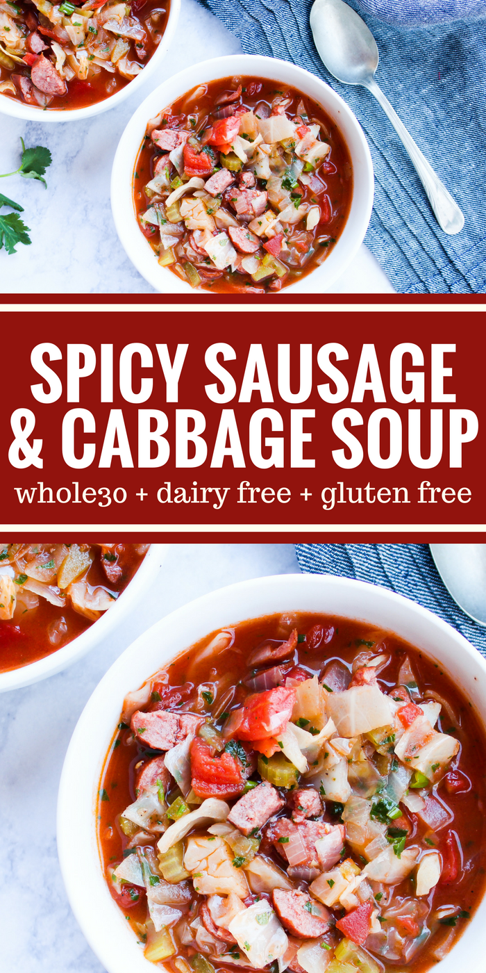 This Spicy Sausage & Cabbage Soup is light on calories but big on flavor. It will heat you from the inside out on a chilly evening. Plus it's Whole30, dairy free, & gluten free!