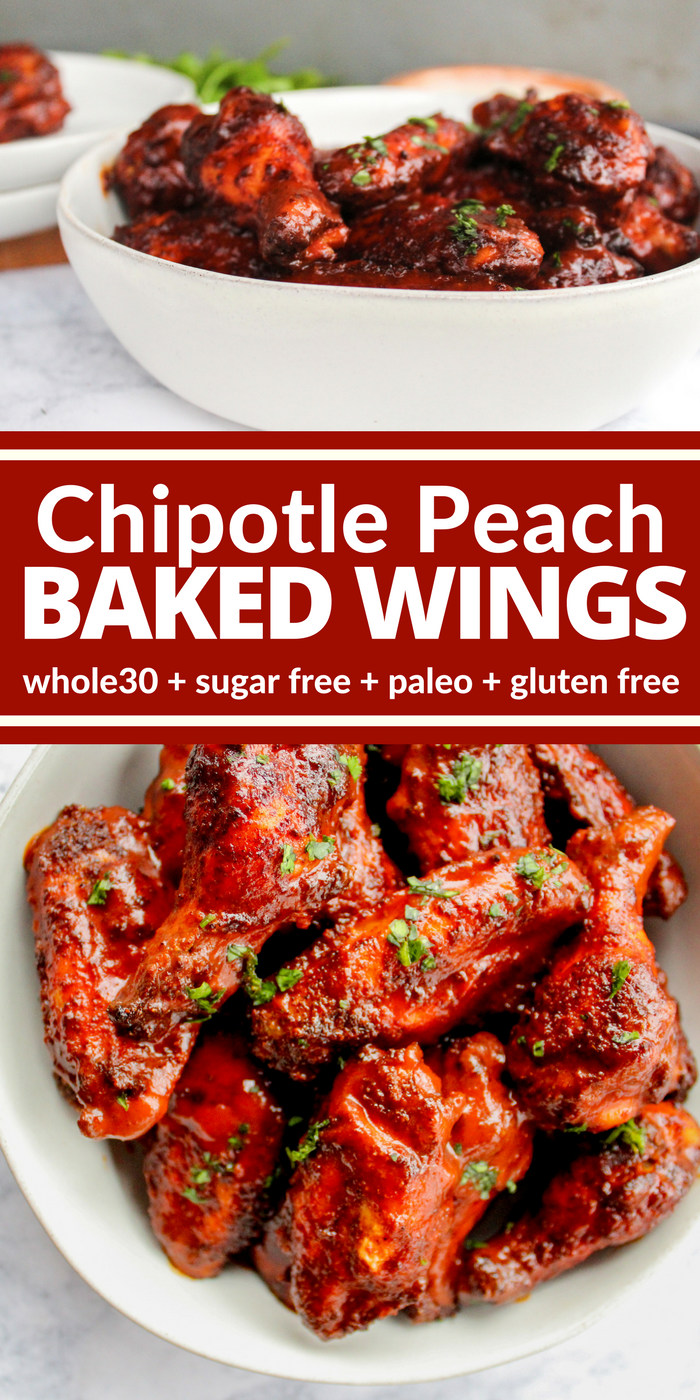 Chipotle Peach Baked Wings are covered in a spicy dry rub, baked to perfection, and then slathered in a tangy chipotle peach sauce you're really going to love! You can even enjoy them while maintaining a healthy Whole30 or gluten free lifestyle!