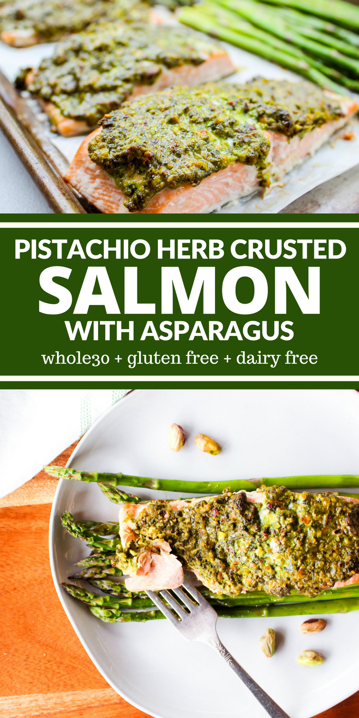 Sheet Pan Pistachio Herb Crusted Salmon & Asparagus is a delicious dinner that will please even the pickiest seafood eater. The crust is salty, lemony, and out of this world good! Plus it's Whole30, gluten free, and dairy free!