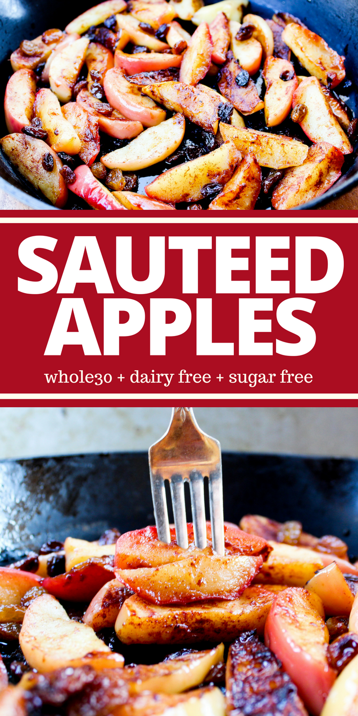 These Sauteed Apples are naturally sweet and prepared simply with coconut oil, cinnamon, and raisins. They're a hit with children and adults alike. Plus they're sugar free, dairy free, Whole30, and gluten free!