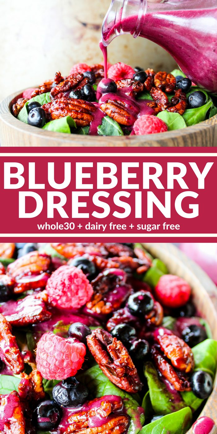 This Blueberry Dressing is quick and easy! The color can't be beat! Plus it's sugar free, dairy free, and Whole30 compliant. It's sure to brighten up any salad!