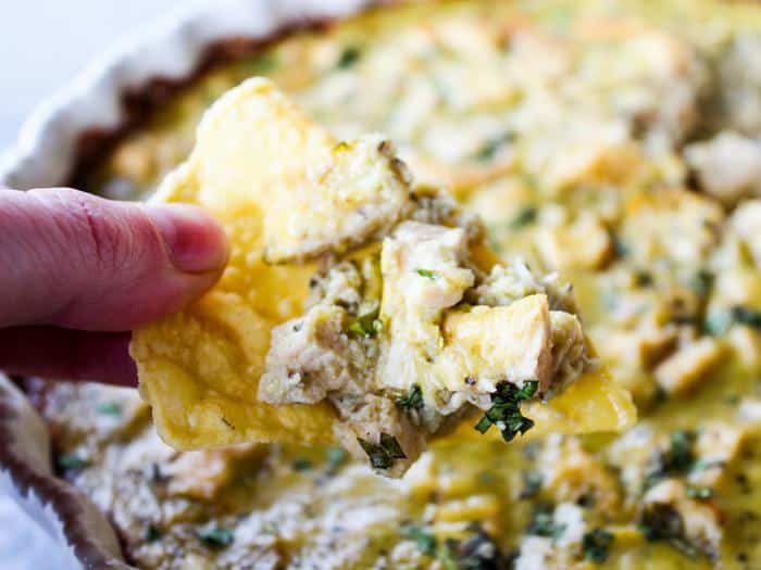 Green Chile Chicken Dip by The Whole Cook horizontal on chip The