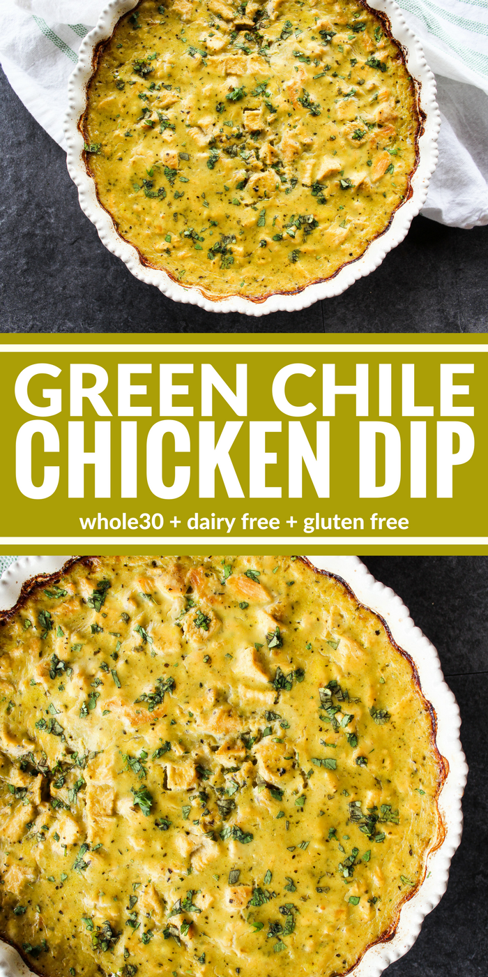 Green Chile Chicken Dip is thick, creamy, and a crowd pleaser! Enjoy it with tortilla chips, plantain chips, raw veggies, or baked potato rounds for a tasty appetizer! It's also dairy free, gluten free, and Whole30 compliant.