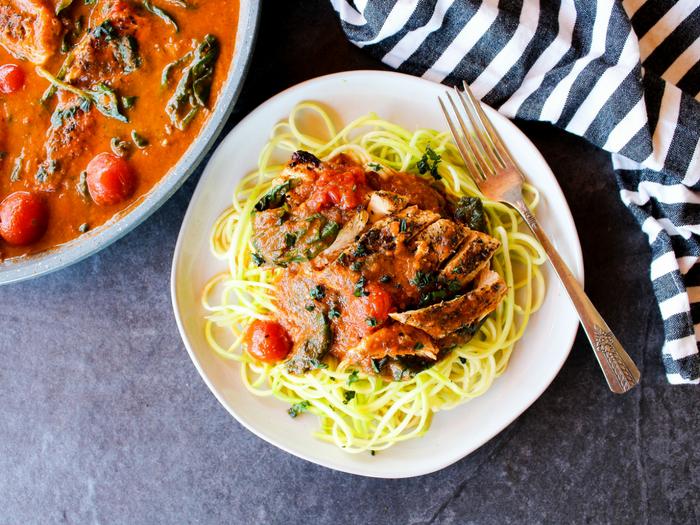 Tomato Basil Skillet Chicken by The Whole Cook horizontal with zoodles plate