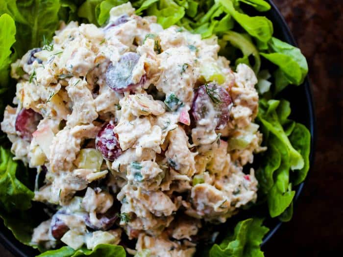 Ultimate Chicken Salad by The Whole Cook horizontal on greens