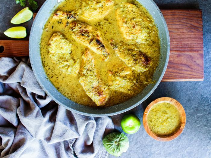 Salsa Verde Skillet Chicken in skillet by The Whole Cook horizontal