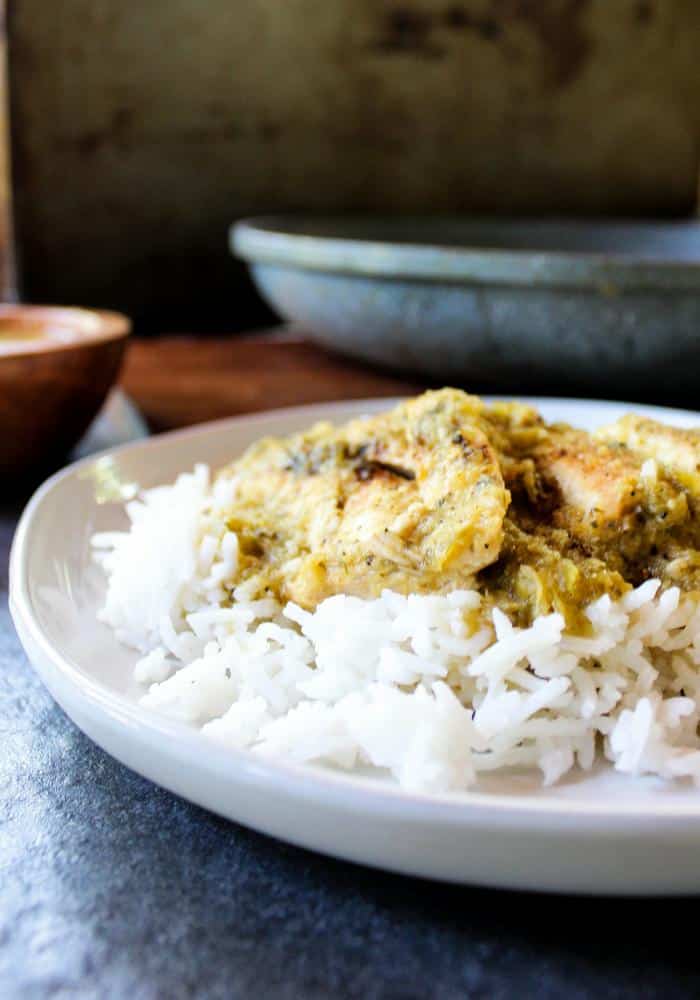 Salsa Verde Skillet Chicken on plate by The Whole Cook vertical