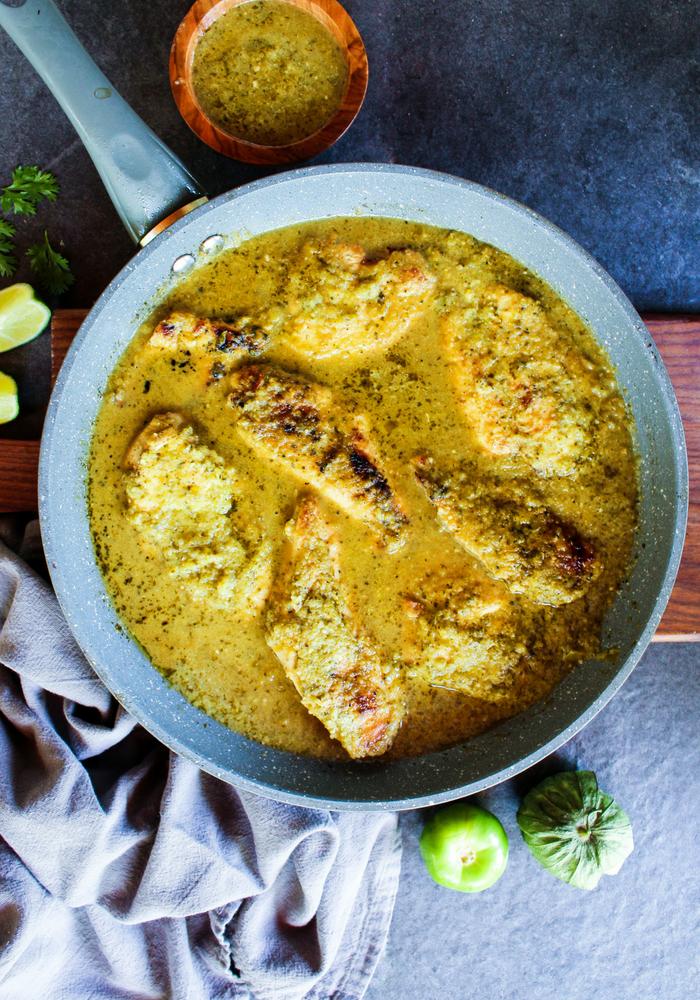 Salsa Verde Skillet Chicken vertical by The Whole Cook