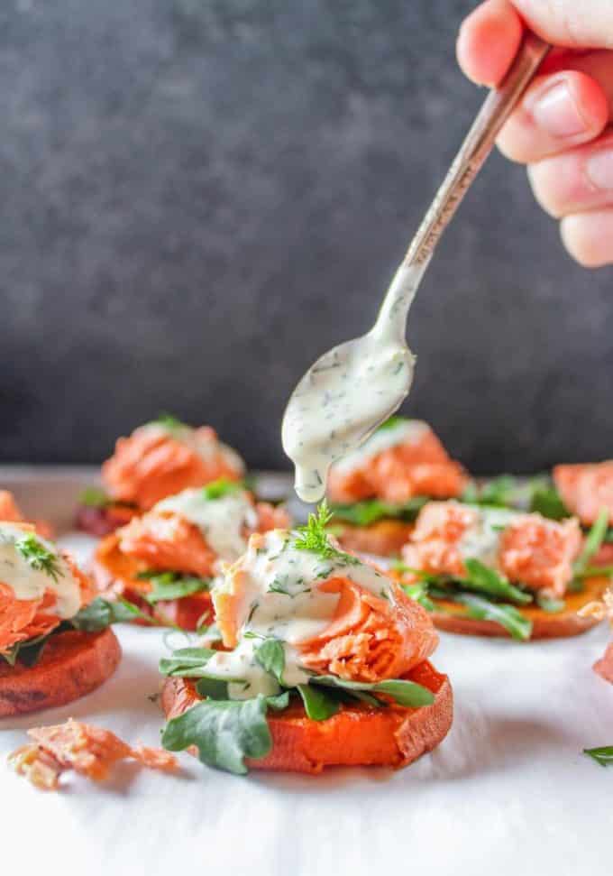 Salmon Sweet Potato Stacks with Lemon Dill Sauce - The Whole Cook