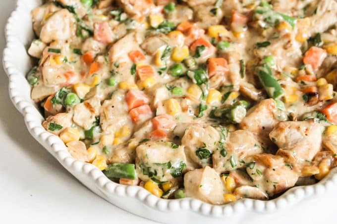 Creamy chicken pot pie filling with chicken and vegetables