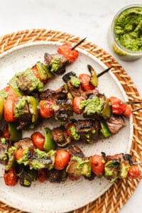 Pesto Steak Kabobs with Blistered Tomatoes & Peppers